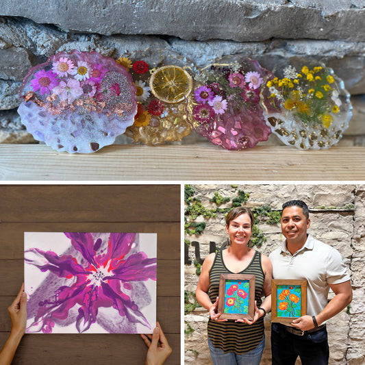 Epoxy floral coasters and people holding framed artwork against a stone wall.