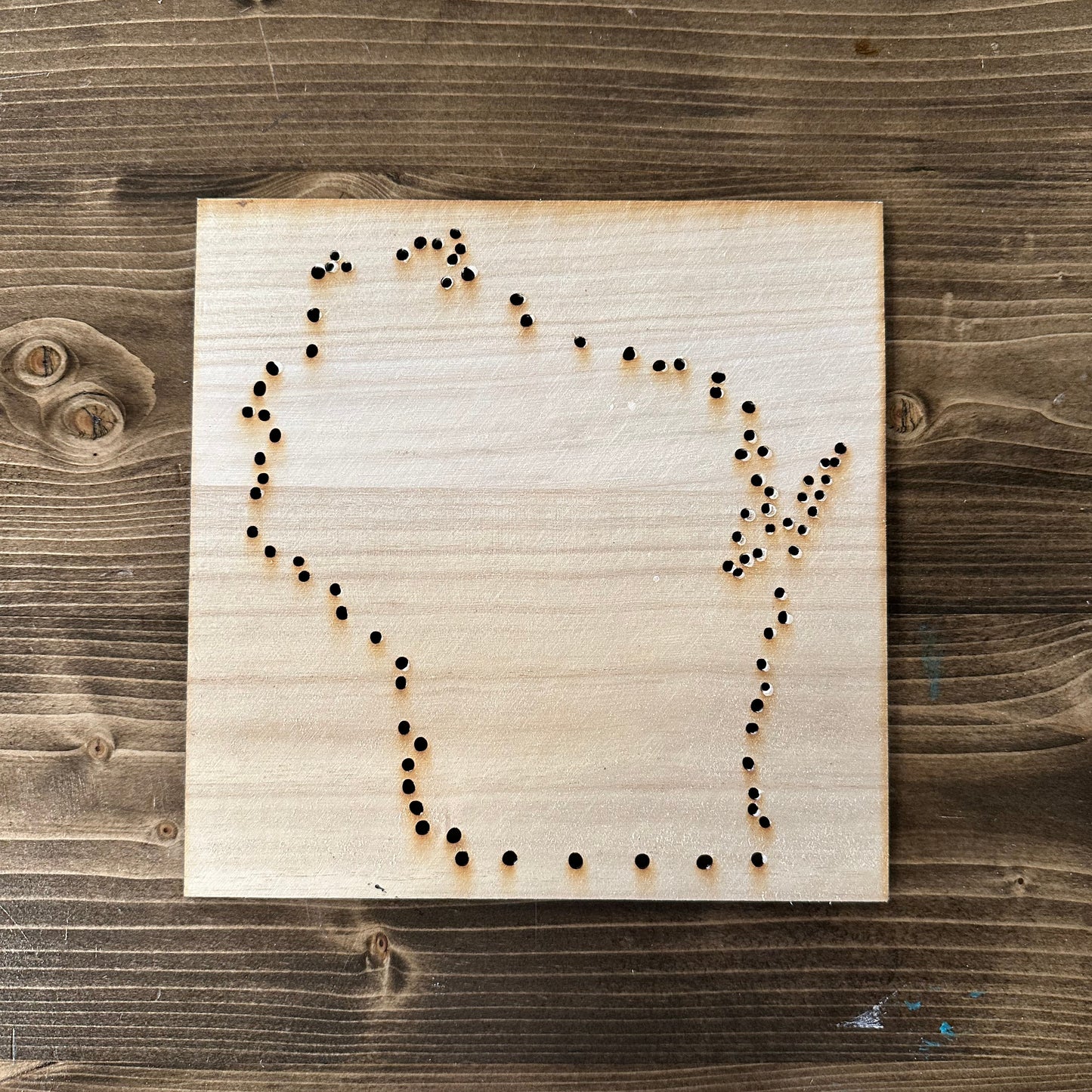Wooden Wisconsin string art template design with drilled holes on a wooden background