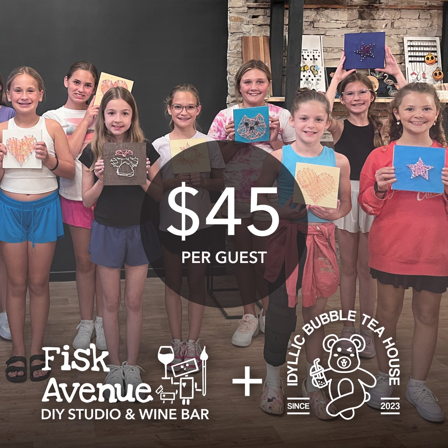 Group of children holding up their artwork with promotional text overlay for Fisk Avenue and Idyllic Bubble Tea House.