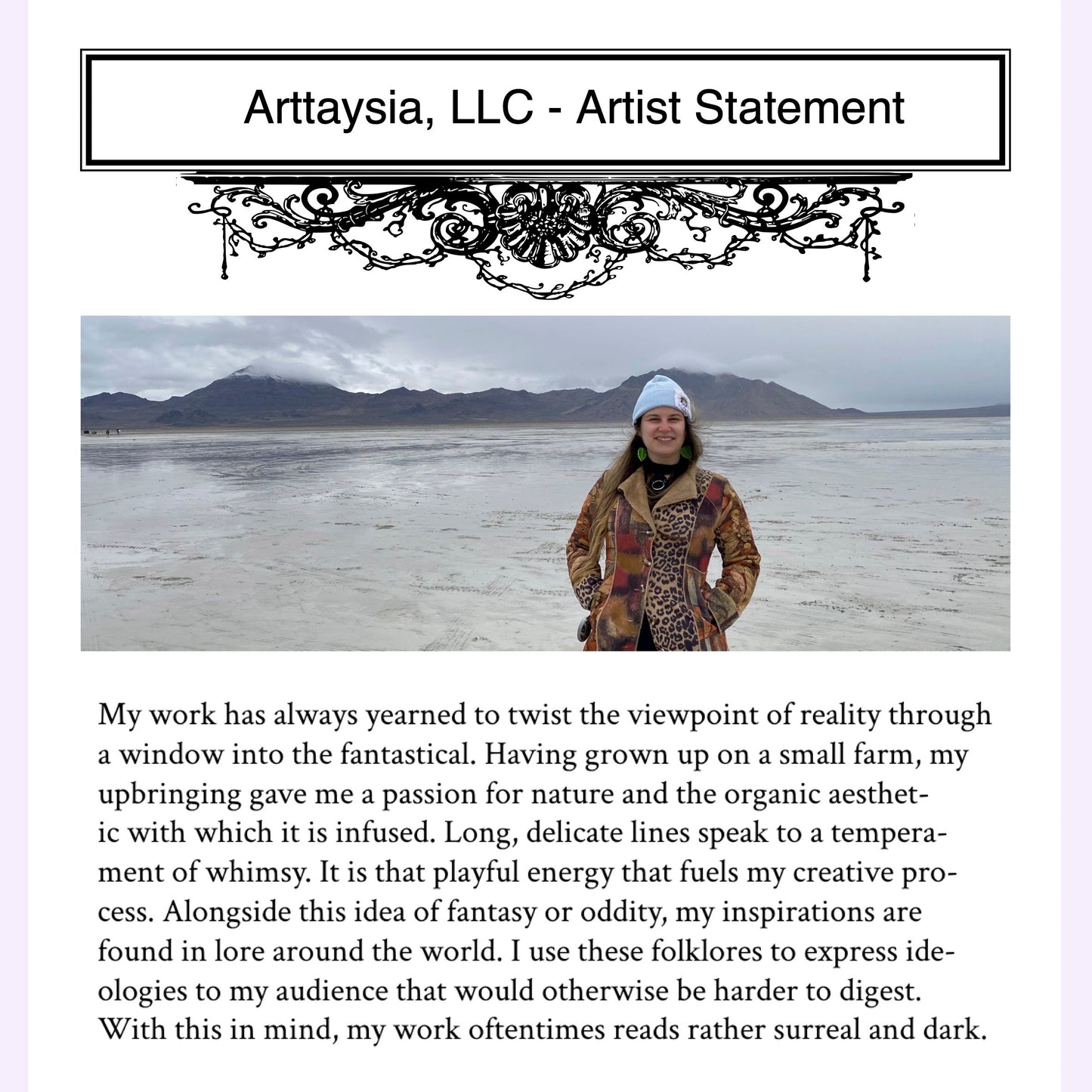 Arttaysia, LLC artist statement with a person standing in a landscape.