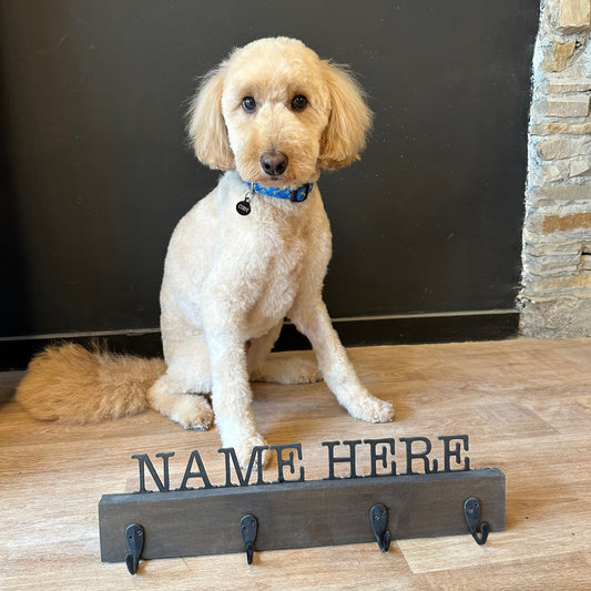 Dog sitting behind a wooden hook rack for leashes with 'NAME HERE' on a wooden floor.