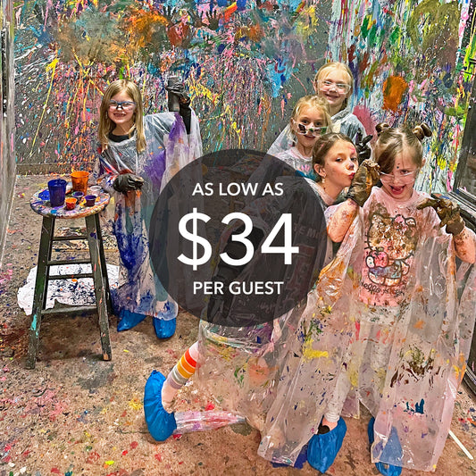 Children in art smocks in a paint-splattered room with a price overlay.