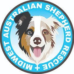Logo of Australian Shepherd Rescue Midwest on a blue circle with a dog illustration.