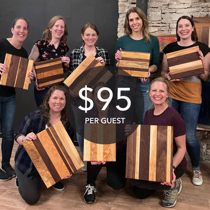 Group of people holding wooden cutting boards with a price overlay.