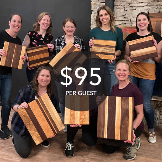 Group of people holding wooden cutting boards with a price overlay.