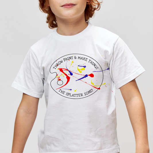 Child wearing a white t-shirt with a colorful graphic and text on a plain background
