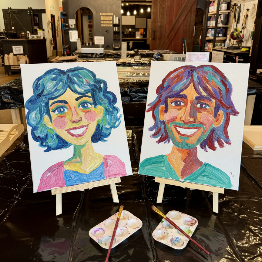Two colorful portrait paintings on canvas displayed on small easels in a workshop or studio setting, with paint palettes and brushes in front.