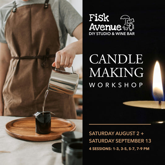 Candle making workshop at Fisk Avenue DIY Studio & Wine Bar with a person pouring liquid soy wax into a candle jar container.