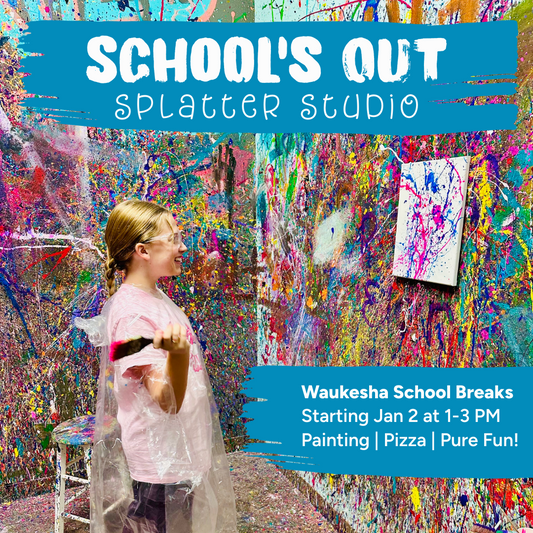 Promotion for 'School's Out Splatter Studio' with a colorful splatter painting background and a person holding a paintbrush.