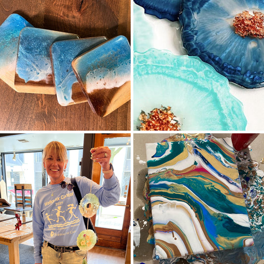 Collage of blue epoxy and wood ocean pour coasters, blue and gold epoxy geode coasters, a woman holding an epoxy sun catcher, and colorful acrylic pour painted canvas art.
