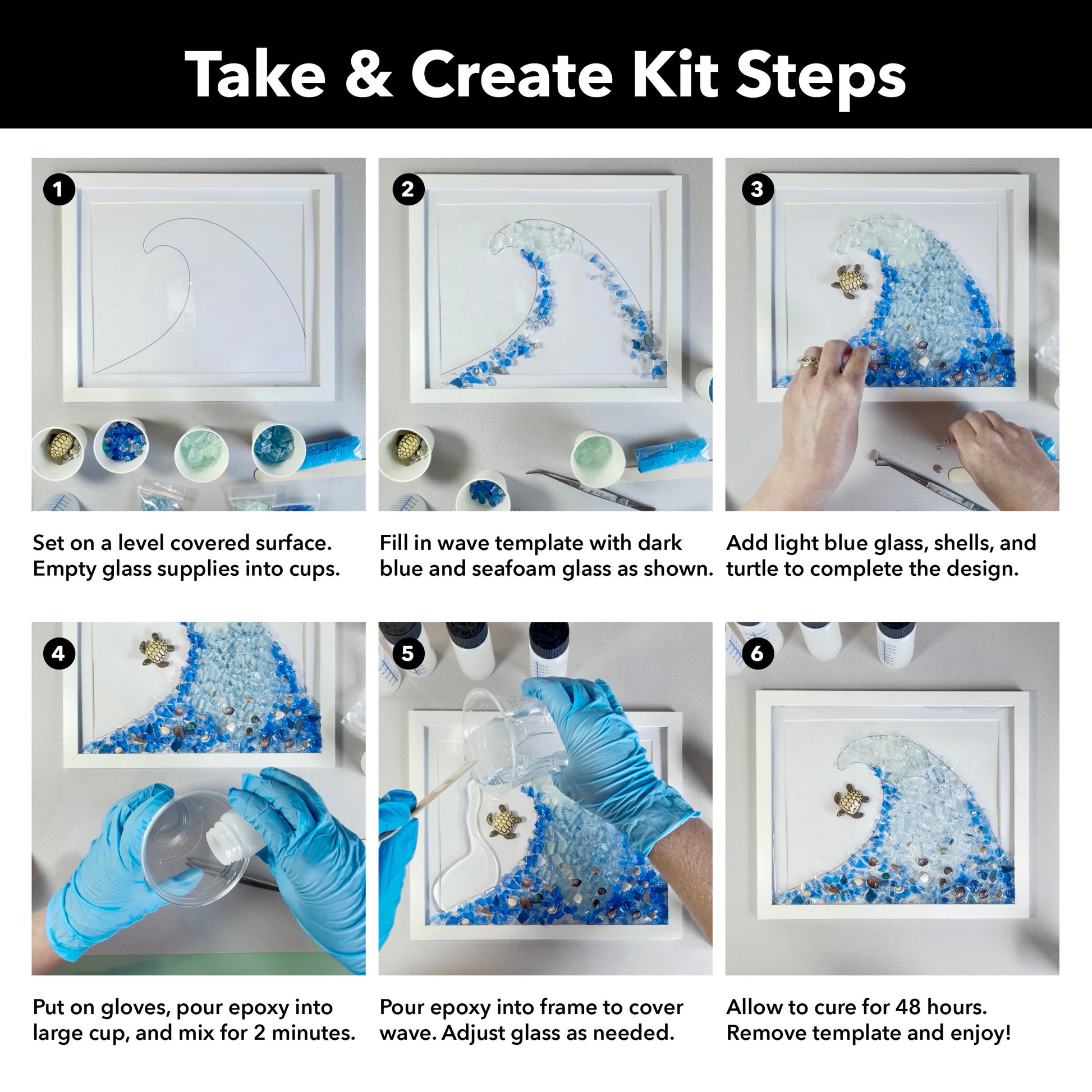 A six-step guide showing how to create a wave frame with blue glass and a small turtle design, with text instructions and photos of hands working on the project.