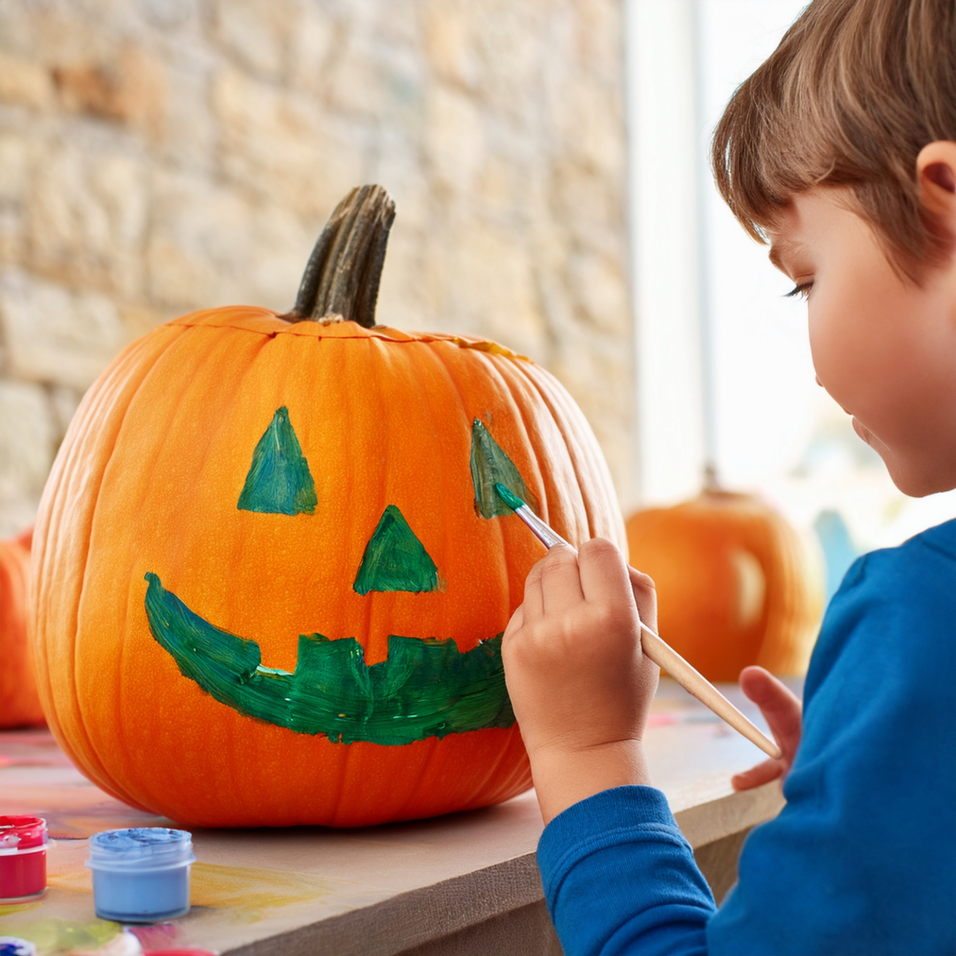 Child painting a pumpkin with a face on a table.
