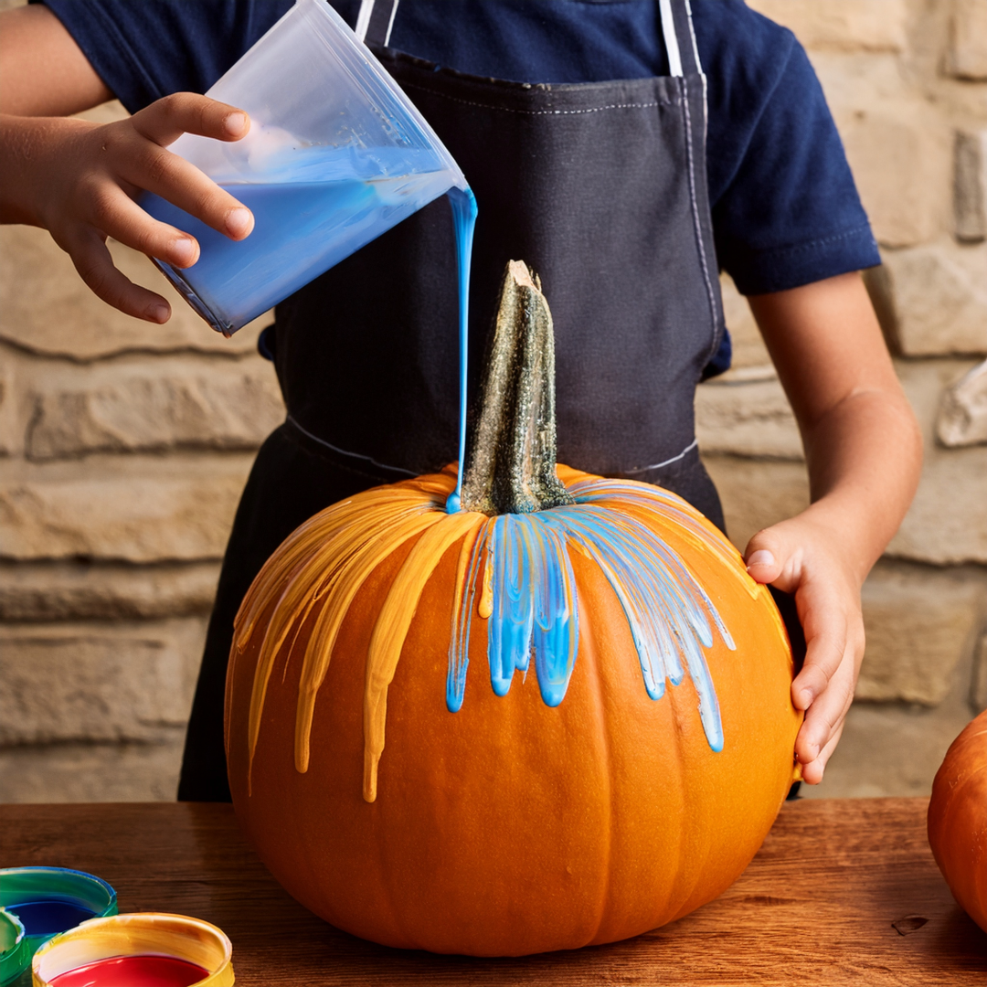 Person painting a pumpkin with blue paint on a wooden table.