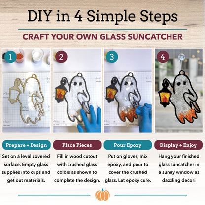 DIY glass suncatcher craft guide showing four simple steps: prepare and design, place pieces, pour epoxy, and display and enjoy. The image includes photos of a ghost and lantern design being assembled in clear glass, with text panels explaining each step.