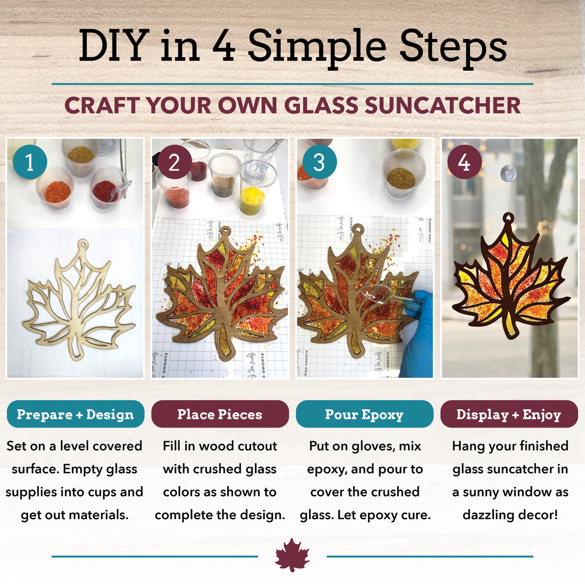 DIY glass suncatcher craft guide showing four simple steps to create a maple leaf-shaped glass suncatcher with colorful crushed glass and epoxy resin. The graphic includes numbered panels with progress shots and text instructions on a light beige background.