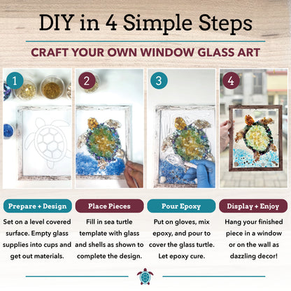 DIY window glass art kit instructions showing a 4-step process to create a sea turtle design. The graphic includes numbered photos of the steps and text boxes explaining how to prepare, place pieces, pour epoxy, and display the finished piece.
