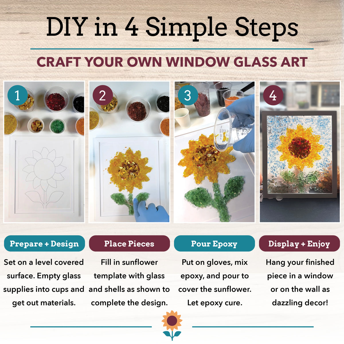 An infographic titled 'DIY in 4 Simple Steps' showing how to craft your own window glass art in a sunflower design, with four numbered panels and text instructions on a light blue background.