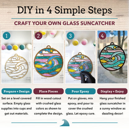 DIY glass suncatcher craft guide showing four steps: prepare and design, place pieces, pour epoxy, and display and enjoy. The top banner reads 'DIY in 4 Simple Steps' and 'CRAFT YOUR OWN GLASS SUNCATCHER'.