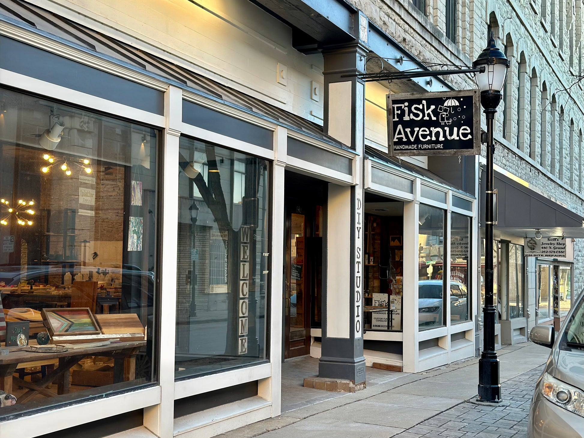 Fisk Avenue furniture store front on a city street